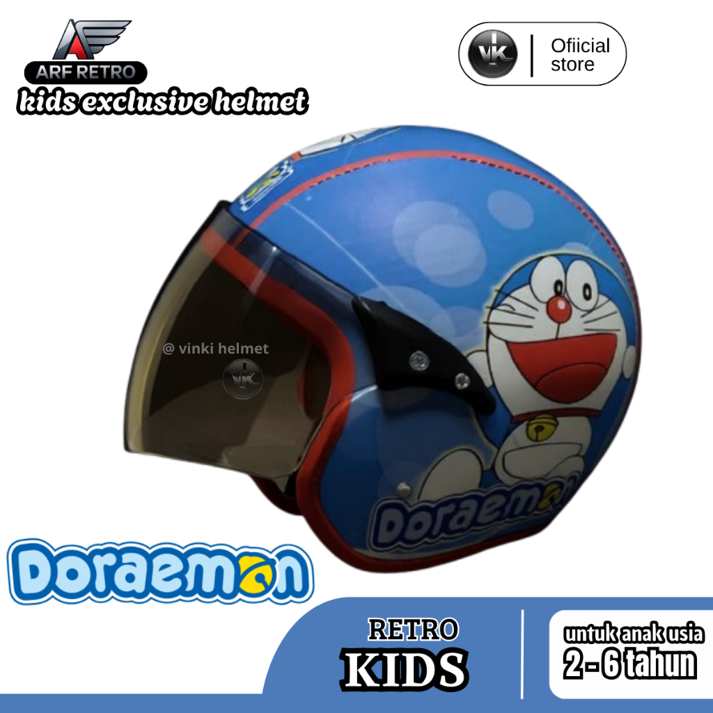 HELM MOTOR ANAK RETRO FULL FACE MOTIF DORAEMON USIA 2-6 TAHUN FULL KULIT