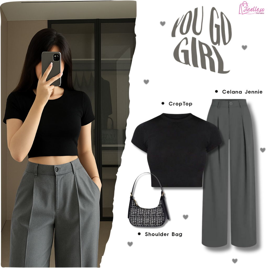 Setelan 3in1 Outfit Simple [Crop Top+Celana Jennie+Tas] One Set Hangout | Ootd Kekinian JC7B