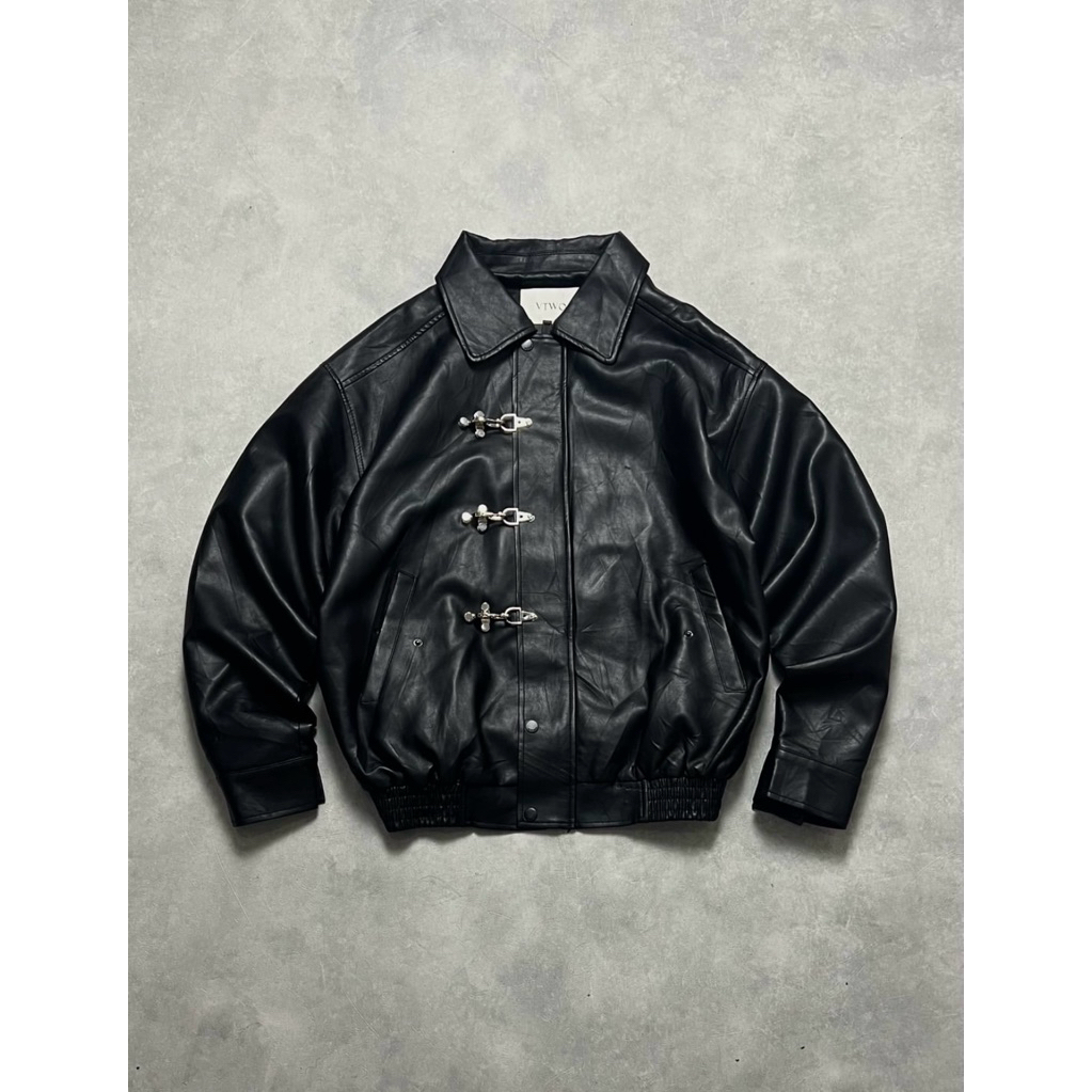Vintage Vtwo Matte/Charcoal Black Fireman Claps Leather Jacket