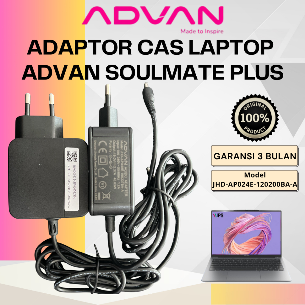 ADAPTOR CHARGER CAS LAPTOP ADVAN SOULMATE PLUS ORIGINAL