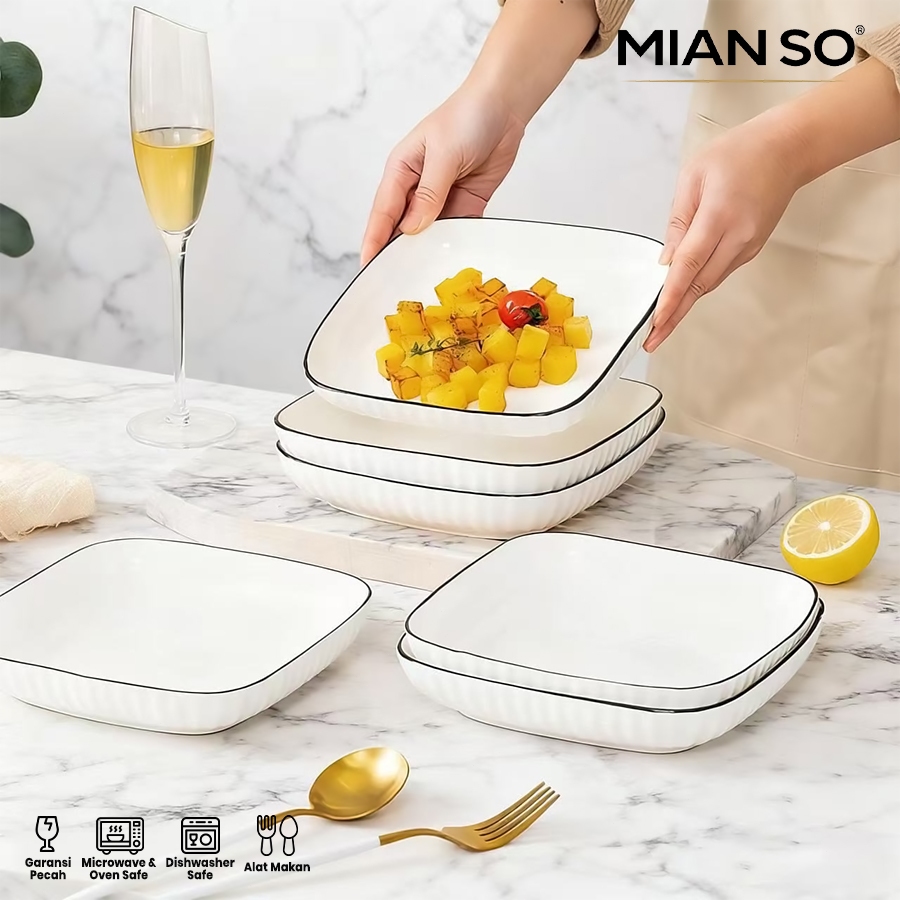 MIANSO - Piring Kotak List Hitam Elegant Mewah Yamada Seri/ Piring Makan Persegi Keramik Putih Mewah