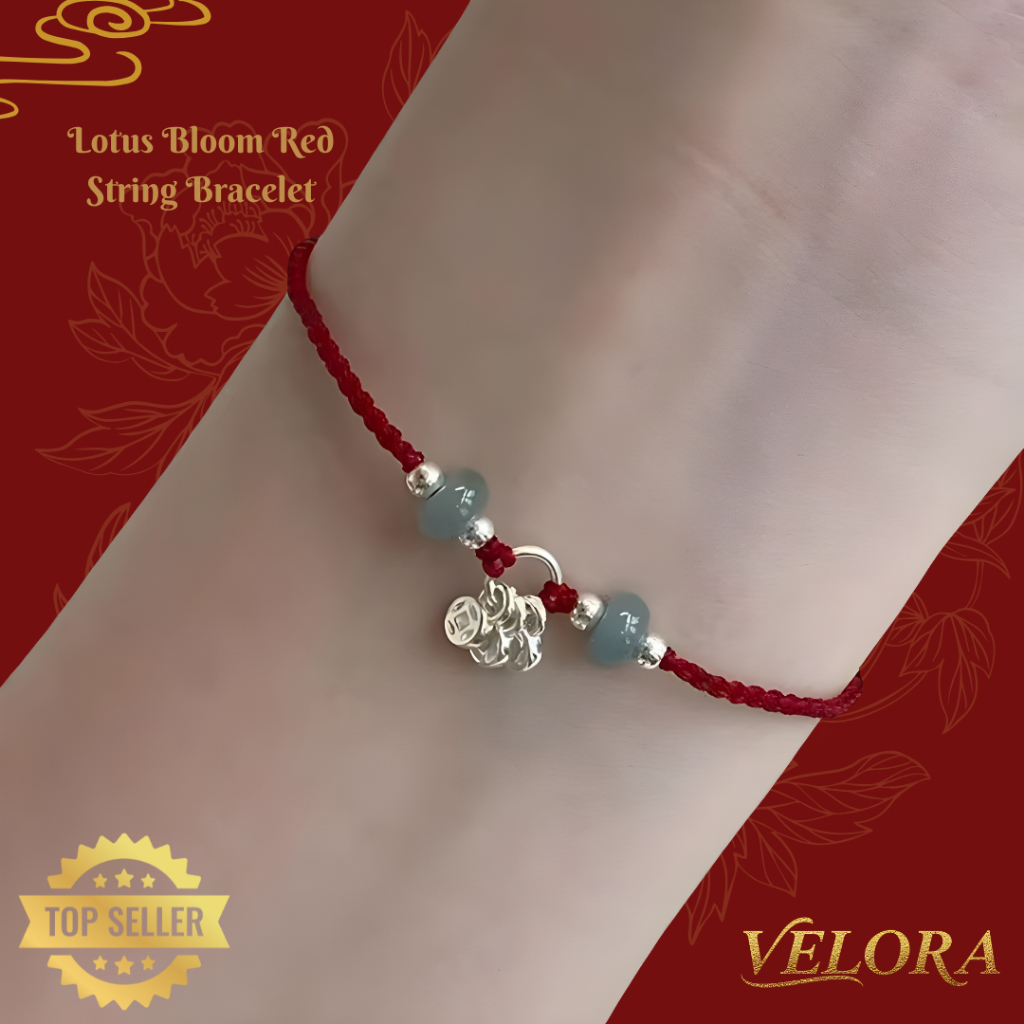 [COD] Velora Jewelry Lotus Bloom Red String Bracelet | Gelang Tali Merah Bunga Teratai Silver Batu B