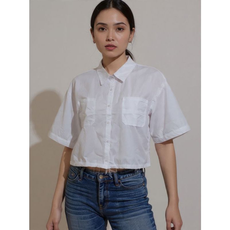 kemeja crop wanita putih bawah tali serut