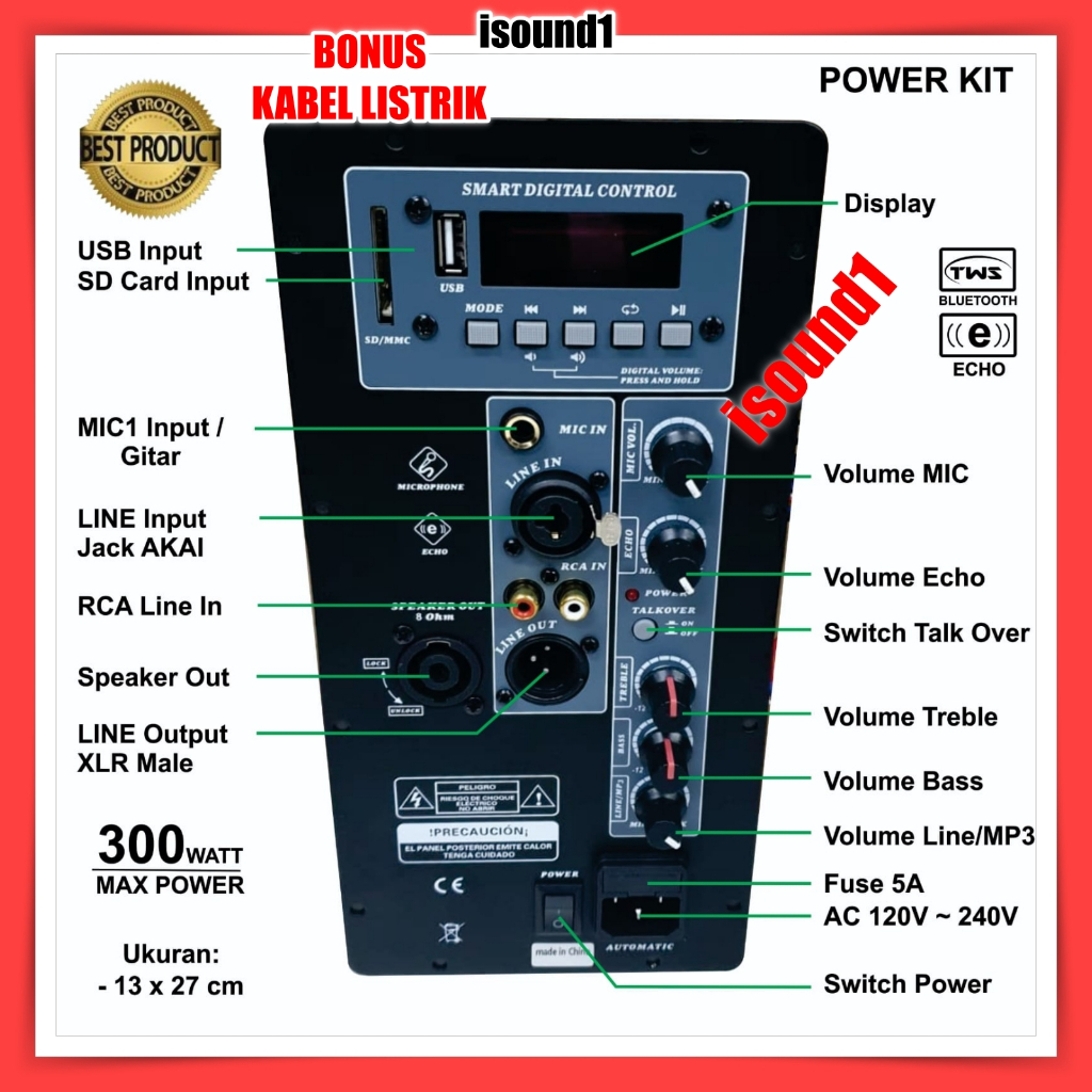 MESIN KIT POWER KIT SPEAKER AKTIF 300 WATT USB BLUETOOTH USB PLAYER TWS UKURAN 13 x 27 CM BONUS KABE