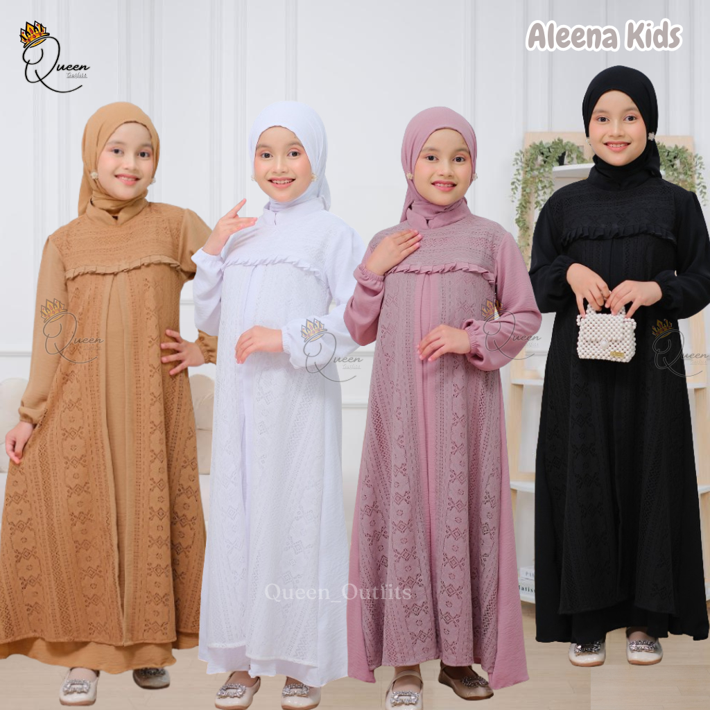 Gamis Anak Perempuan Aleena Dress Crinkle Airlow Mix Brokat Gamis Anak Tanggung 3-12 Tahun Gamis Ana