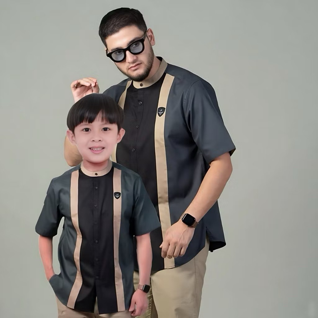 Baju Koko Couple Ayah Dan Anak Laki Laki Harga Terpisah Kemeja Kurta Kerah Mandarin Lengan Pendek Ba