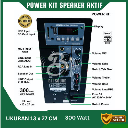 MESIN KIT POWER KIT SPEAKER AKTIF 300 WATT USB BLUETOOTH USB PLAYER TWS UKURAN 13 x 27 CM BONUS KABE