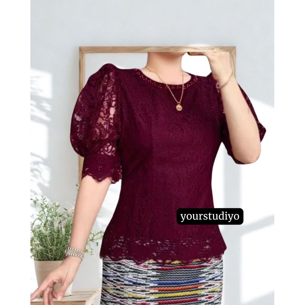 Kebaya Brokat Model Balon, Atasan Renda Brokat / Blouse Kebaya Modern Tangan Balon / Kebaya Batak Me