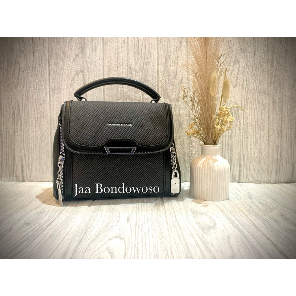 Jaa Bondowoso Tas Hand Bag dan Selempang Wanita Hitam Hiasan Resleting Ukuran Kecil Cocok untuk Jala