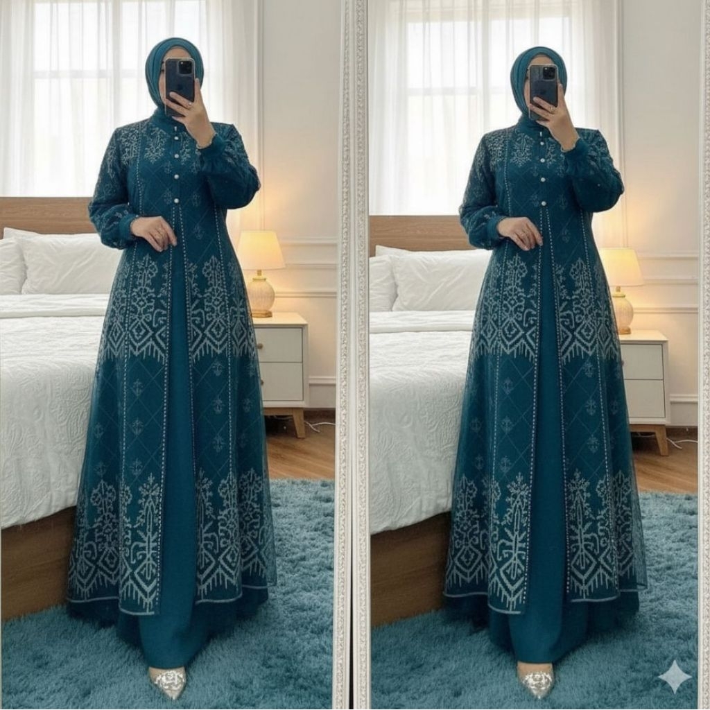 Denara Dress Bahan Ceruty Babydoll Full Furing Aplikasi Payet Setrika Ziper Belakang Lengan Kancing