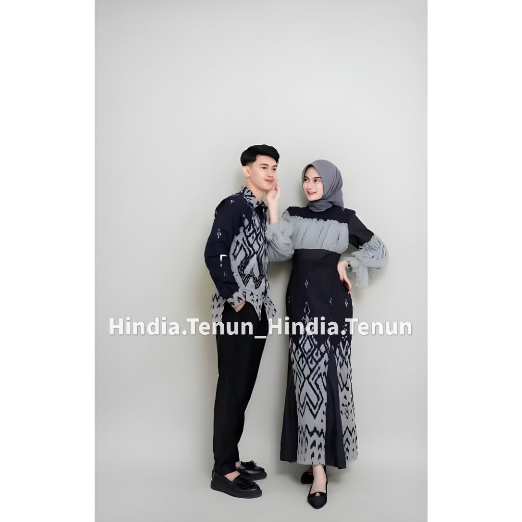 Set Couple Tenun Rahayu Dress Hitam Abu baju pasangan pria wanita kondangan prewedding natal imlek l