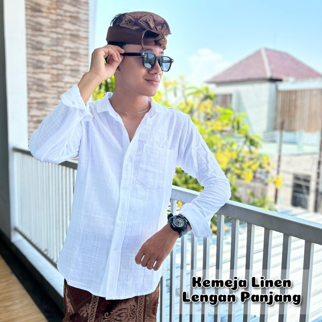 kemeja cowok bahan linen serat jagung tangan panjang / baju atasan pria