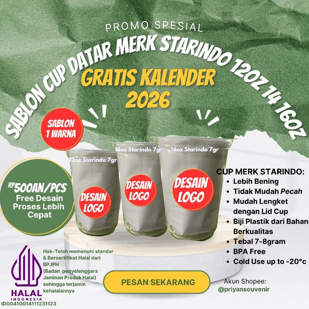 sablon gelas cup ukuran 16oz 7gram starindo