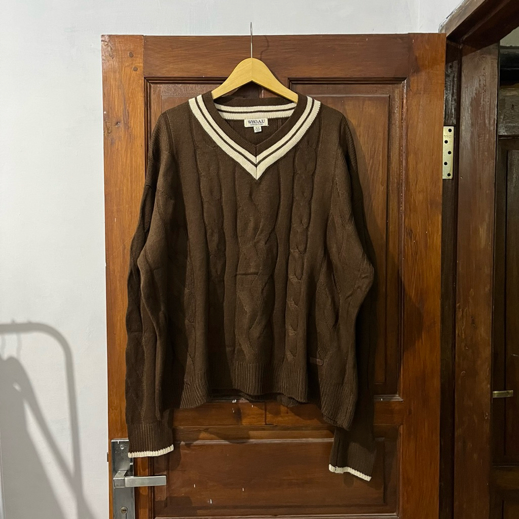 [L Oversized] WHO.AU V-Neck Cable Knitted Cotton Long Sleeve I Brown I Vintage Vtg Retro Kemeja Gari