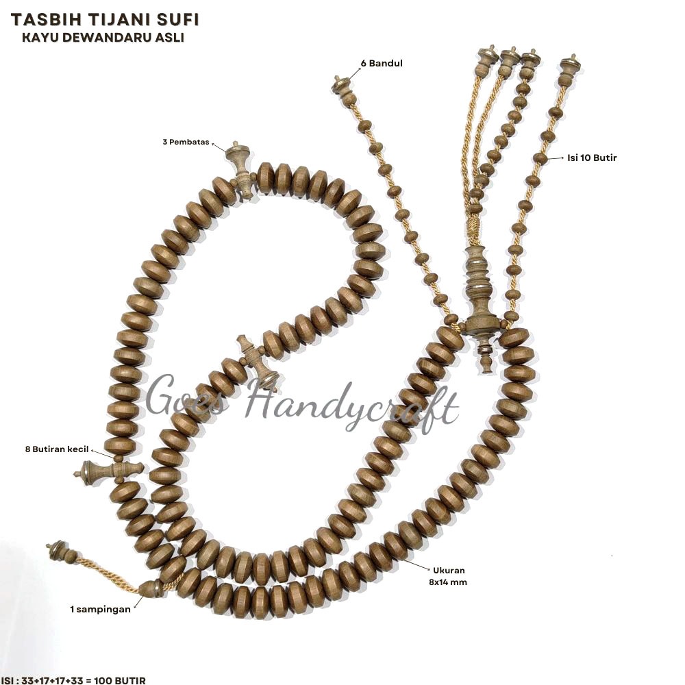 Tasbih Tijani Sufi kayu Langka  DEWANDARU Asli ukuran 8x14 mm isi 100 butir
