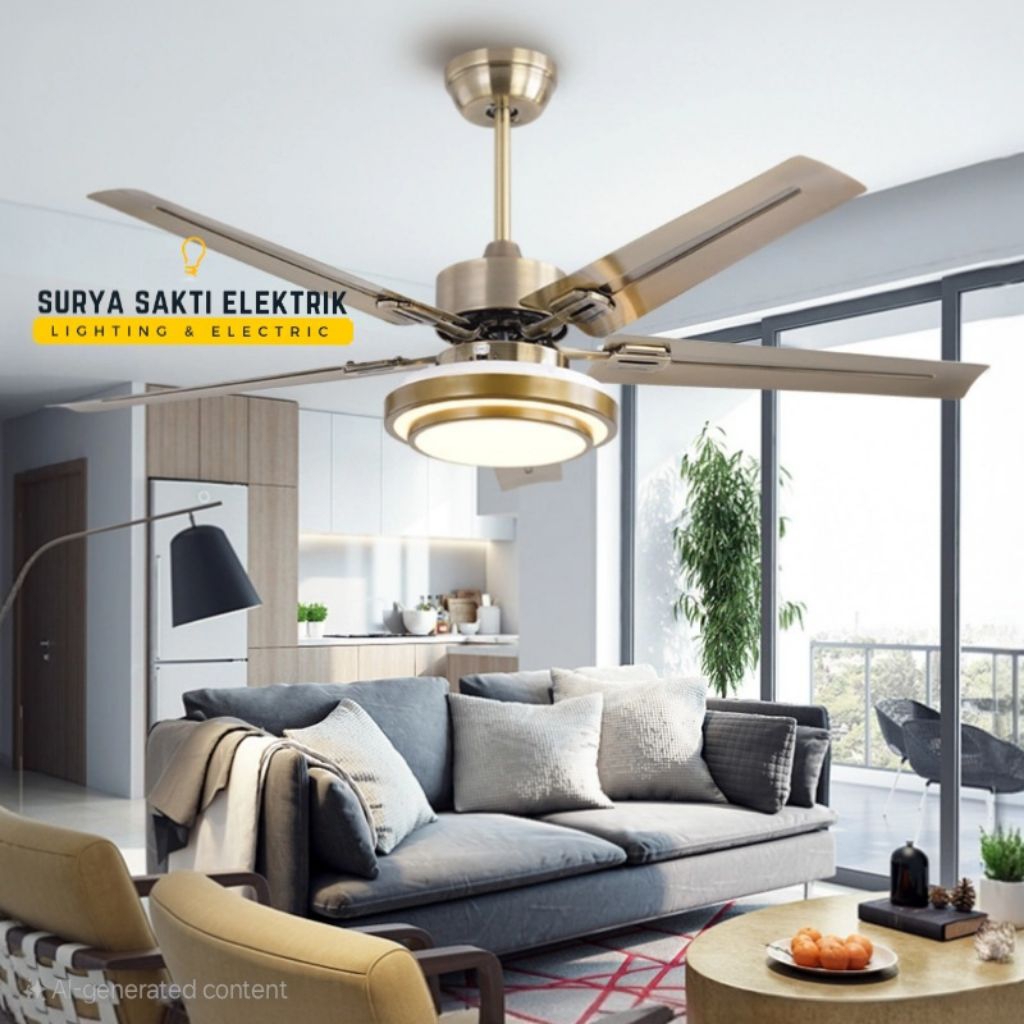 Lampu Gantung Kipas Hias LED Minimalis Gold Baling 5 Remote 48 inch