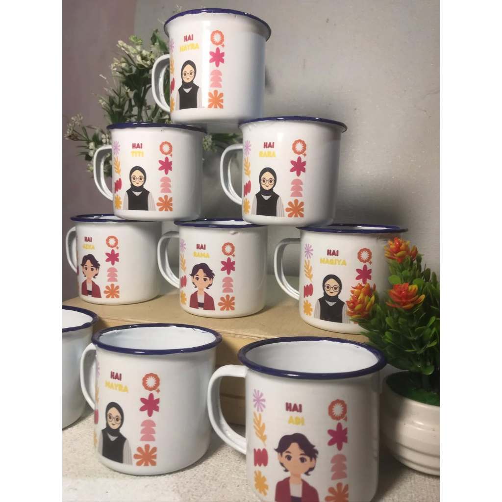 GELAS / MUG ENAMEL CUSTOM (WATER SLIDE DECAL) SOUVENIR DAN HAMPERS