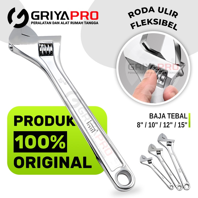 Alat Kerja Kuat Kunci Inggris Adjustable 8"/10"/12"/15" Inch Bahan forged steel tebal Ready Stock