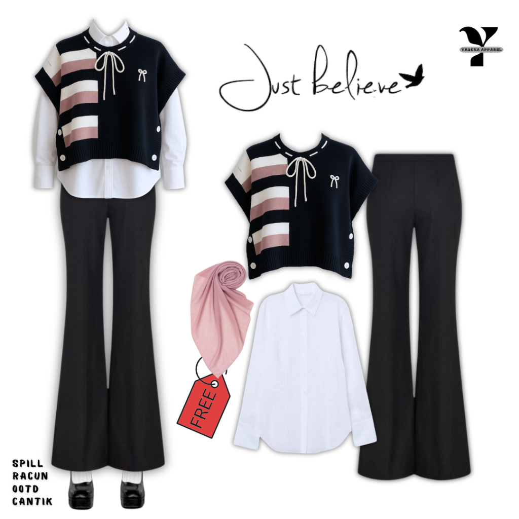 One Set Wanita Classy Kemeja + Vest Rajut + Cutbray FREE Hijab OOTD Vest Rajut Terbaru YAP251