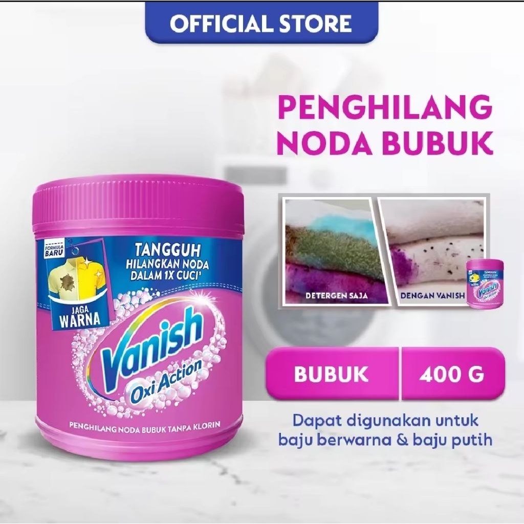 Vanish Bubuk Pink Penghilang Noda Baju Pakaian Berwarna Putih Botol 400g