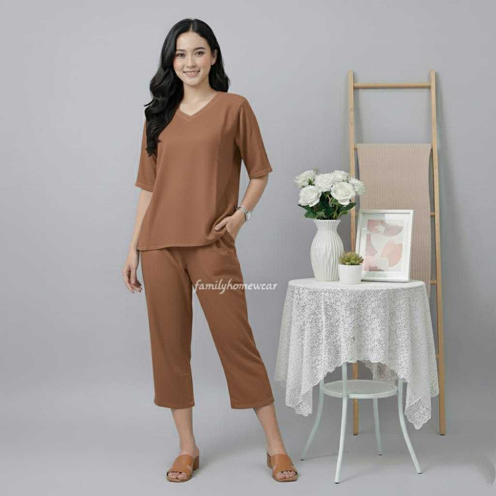 One Set Wanita Lengan Pendek Setelan Wanita Celana 7/8 Rayon Polos Mustard Jumbo All Size