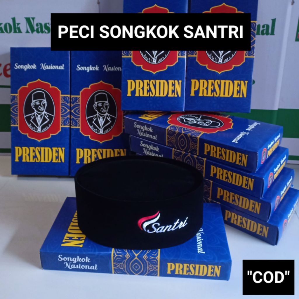 PECI LOGO SANTRI, Exlusive Songkok Hitam Logo Santri, Peci Kopiah bordir komputer Tinggi 9 cm Merk P