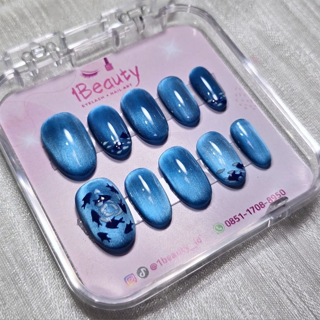 Press On Nails / Kuku Palsu / Fake Nails Cat Eye Biru Laut Blue Ocean Ikan Fish