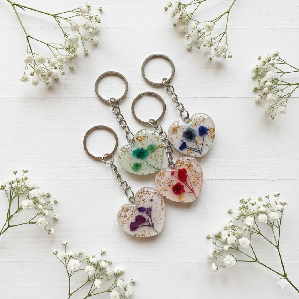 Gantungan Kunci Resin Hati Bunga Kering