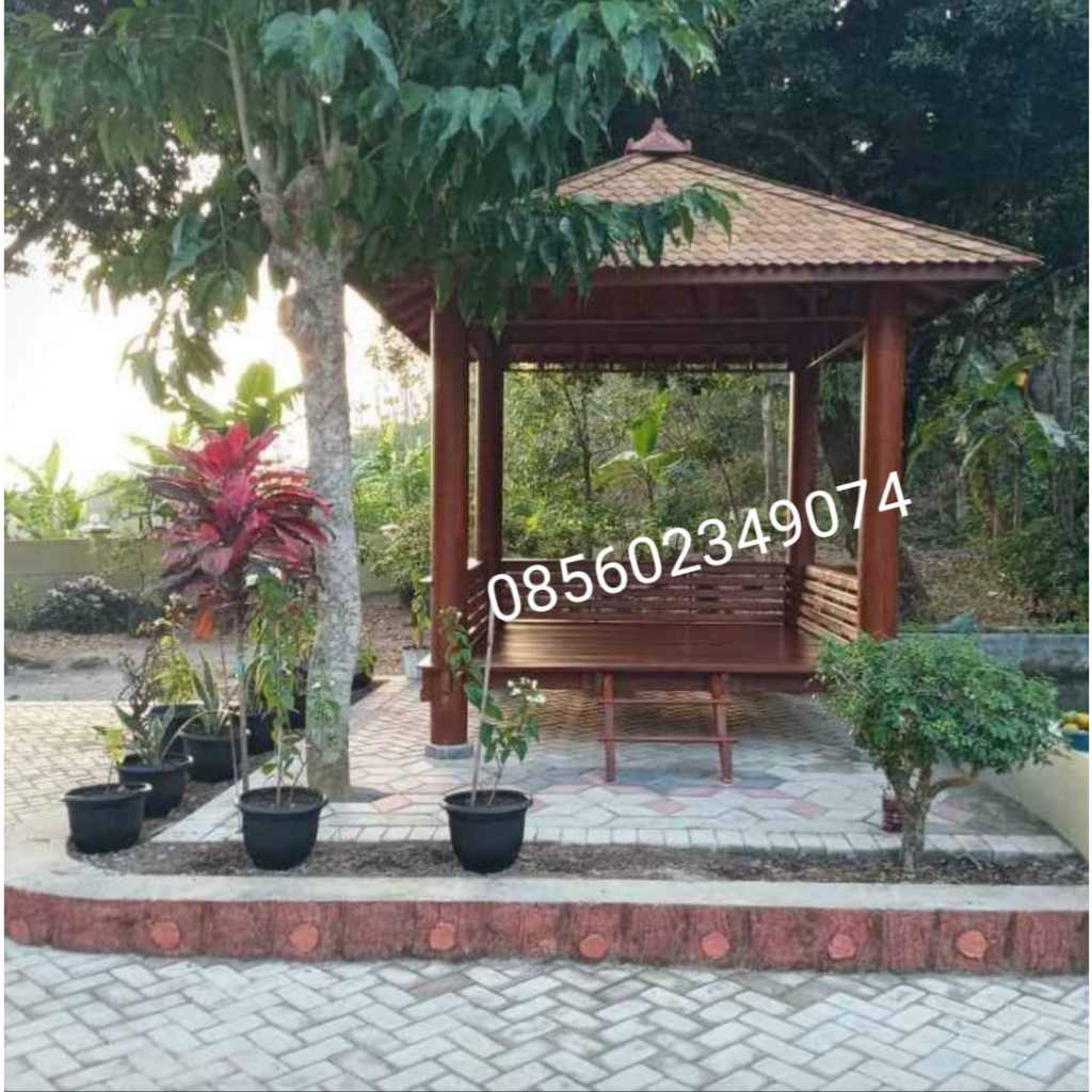 pembuatan taman kolam tebing Curug gazebo halaman belakang / gazebo minimalis kayu mahoni