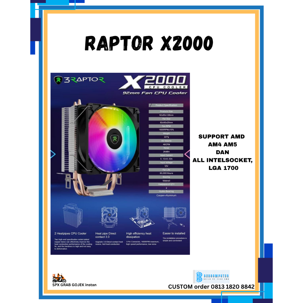 HSF RAPTOR X2000 RGB  AM3/AM4/AM5 dan intel LGA 1151/1200/1700