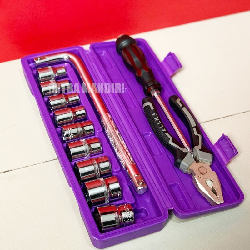 PAKET BENGKEL MURAH KUNCI SOCK SET 10 PCS + GAGANG SOCK L TEKIRO + TANG KOMBINASI 6 INC + OBENG  Kun