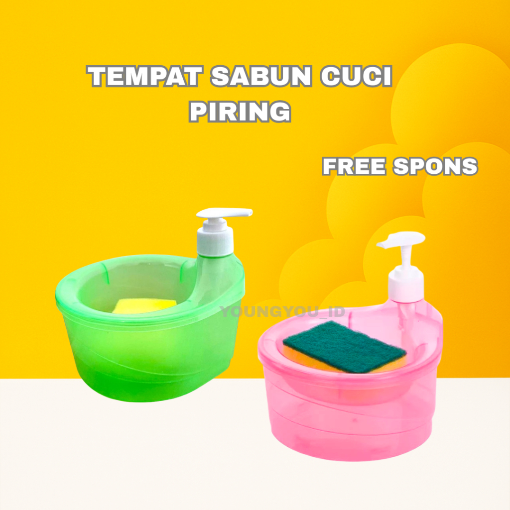 Tempat Sabun Bulat pump 1000ml + Spons Cuci Piring Dispenser Sabun Cair Botol Soap Pump Wadah Sunlig