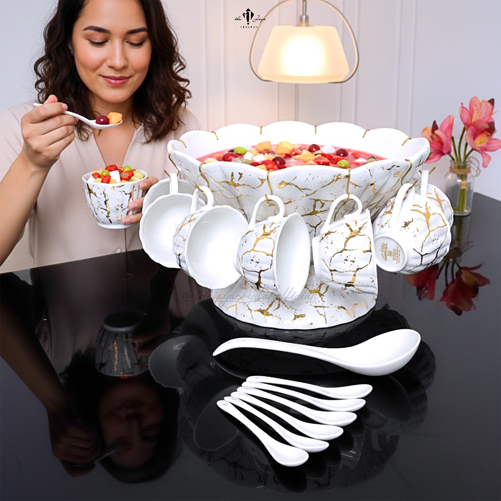 Mangkuk Es Buah Set Keramik Mewah / Wadah Sop Buah Punch Bowl Motif Marbel Emas Aesthetic