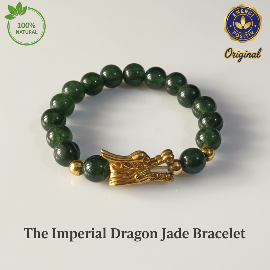 Gelang Batu Green Agate Asli Charm Naga Emas - Gelang Akik Hijau Pria