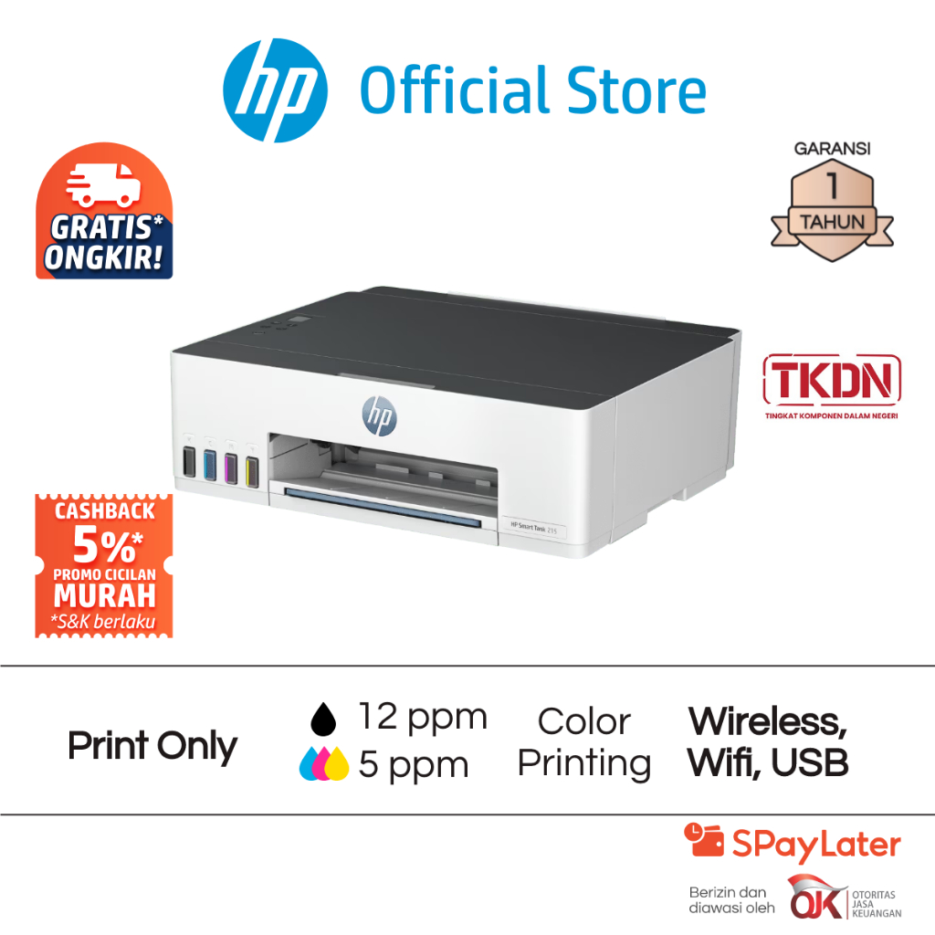 Printer HP Smart Tank 210/215 Print Only Wifi USB Color Colour Warna Garansi 2 Tahun Promo Murah Gra