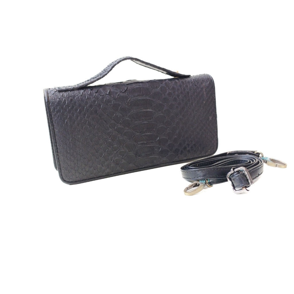 Dompet Hitam Tas Tangan Wanita Premium Kulit Ular Python Asli Putih - 12 Kartu, Uang, Handphone, Ris