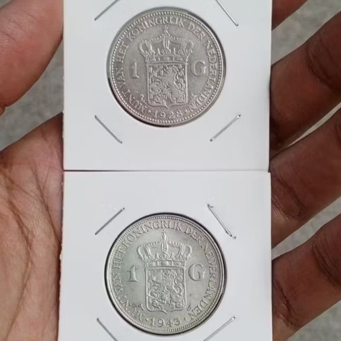koin perak 1 Gulden Wilhelmina thn 1928 & 1943 lot 2kpg