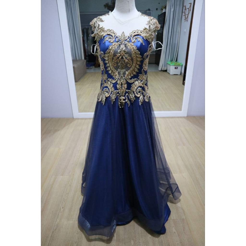 gaun pesta navy gold preloved bridal bandung