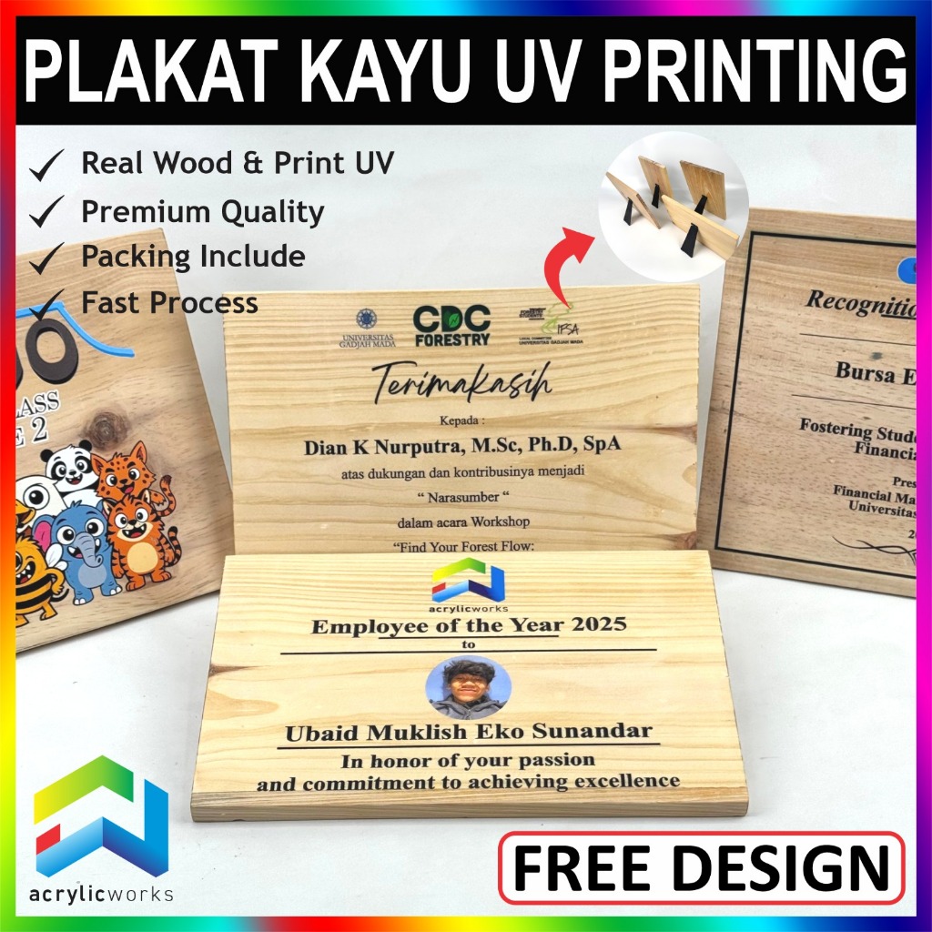 PLAKAT KAYU JATI BELANDA UV PRINT PREMIUM TROPHY WISUDA PENGHARGAAN SUVENIR CUSTOM BEBAS MURAH CEPAT