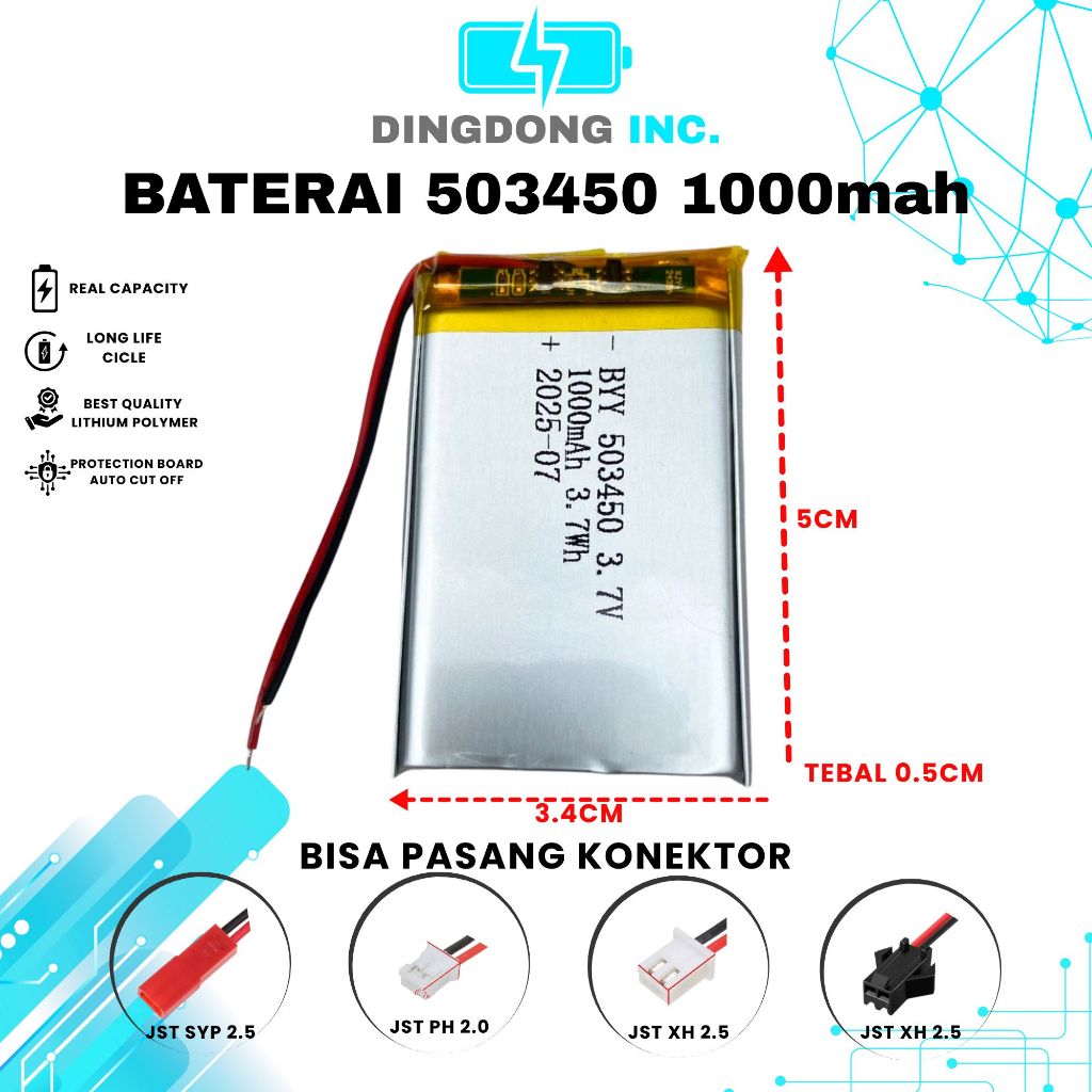 DINGDONG BATERAI 1000MAH 503450 3.4CM X 5CM TEBAL 1CM LITHIUM POLYMER BATRE UNIVERSAL ELEKTRONIK DEN