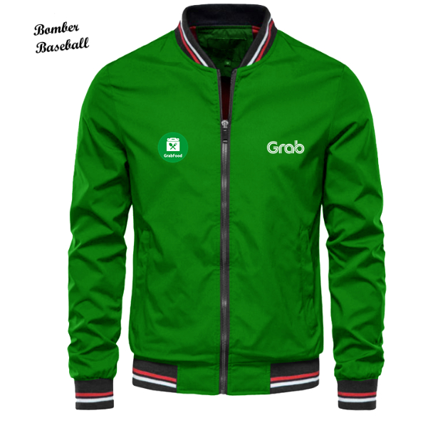 jaket bomber baseball logo grab grabbike original keren jaket kasual zipper grab grabbike grabfood w
