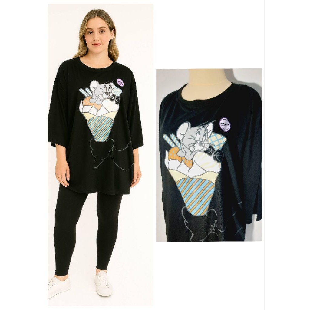 Kaos Wanita Lengan Panjang Oversize – Baju Santai Motif Kartun Hitam