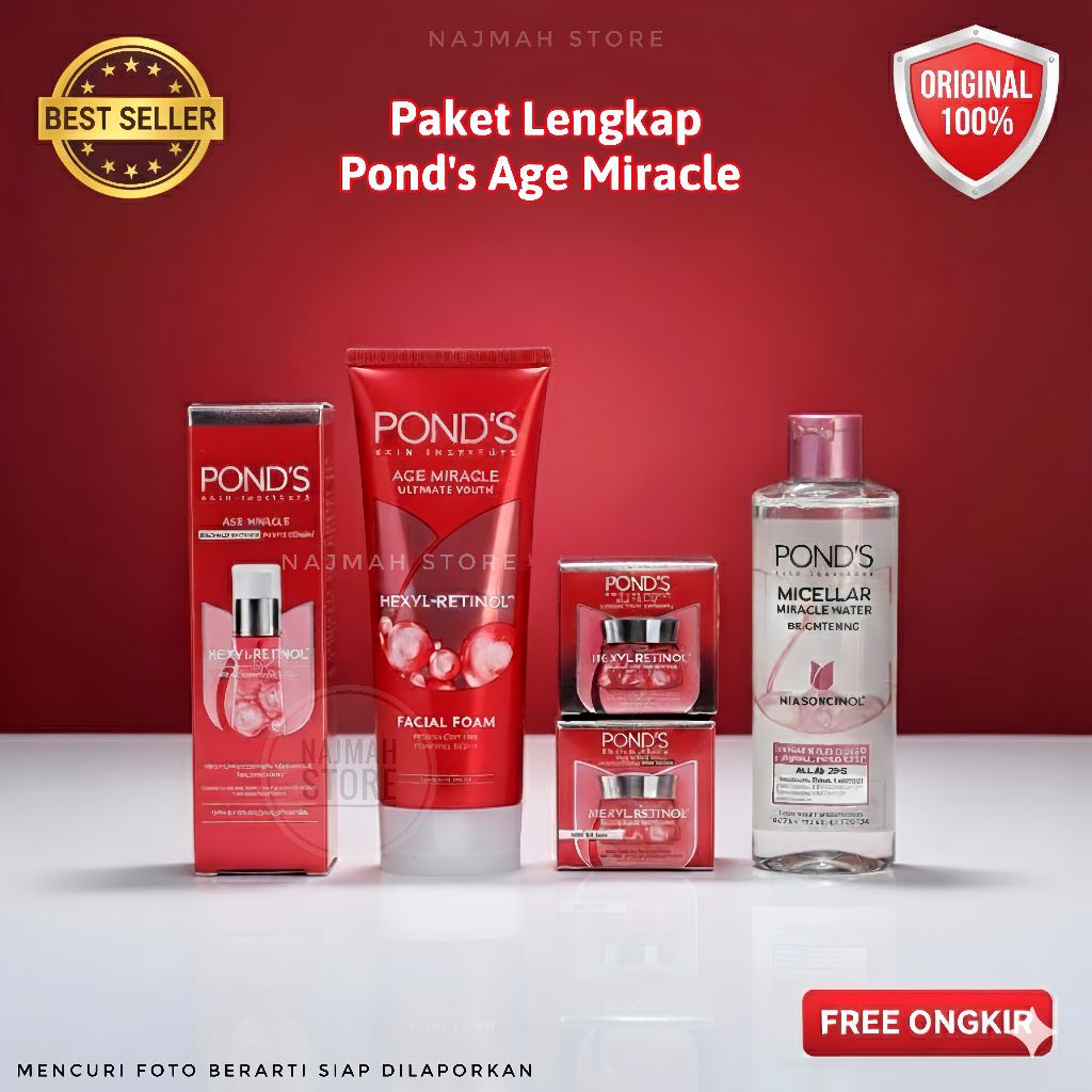 paket ponds age miracle anti penuaan serum + day & night cream + sabunmuka + micellar antiaging glow