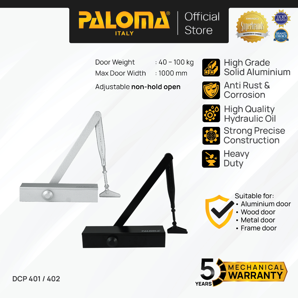 PALOMA Door Closer Penutup Penahan Pintu Otomatis Non Hold Open Hydraulic Hidrolik Aluminium Silver 