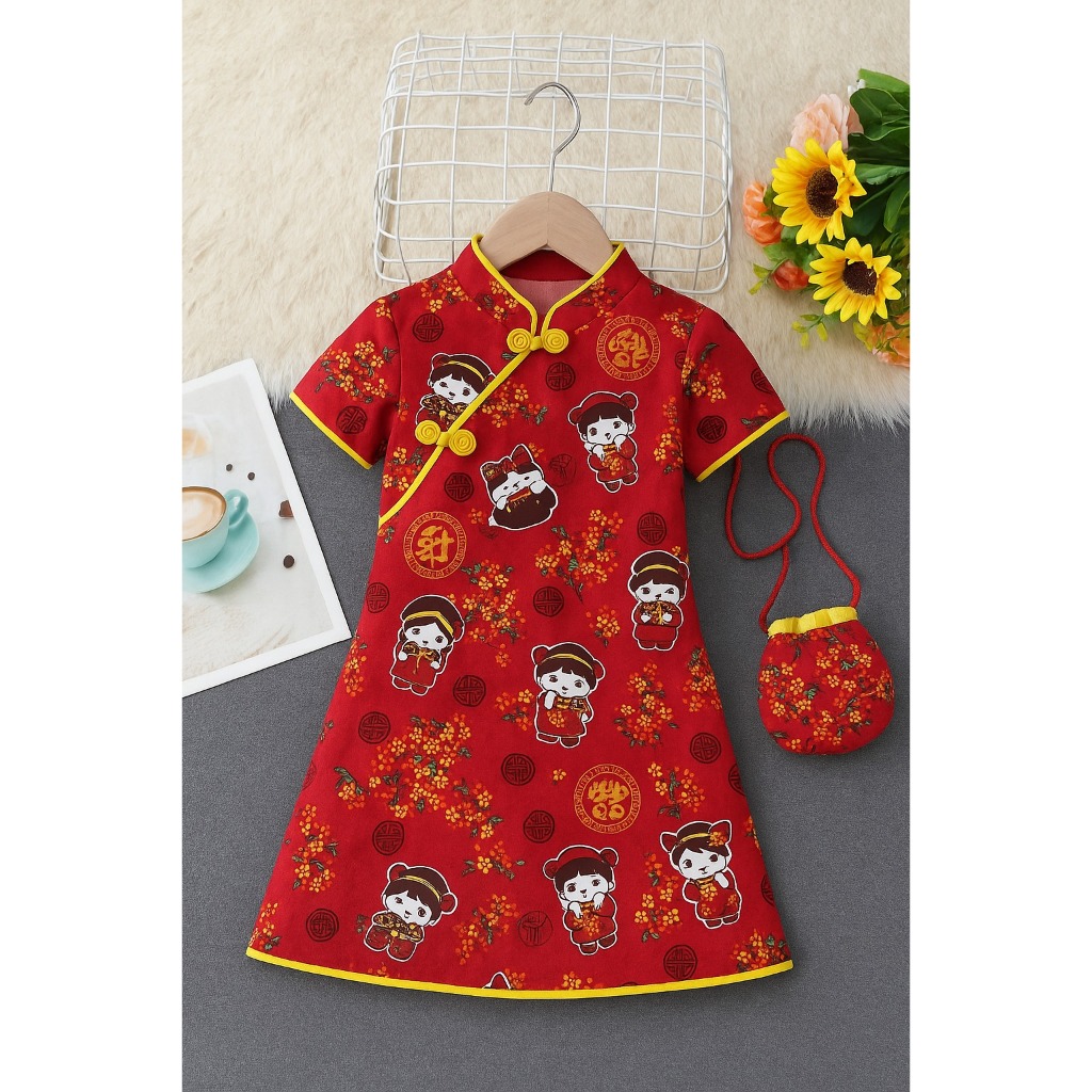 Baju Dress Anak Perempuan Imlek Elegan Katun || Baju Imlek Anak Perempuan Cheongsam Elegan Ready Usi
