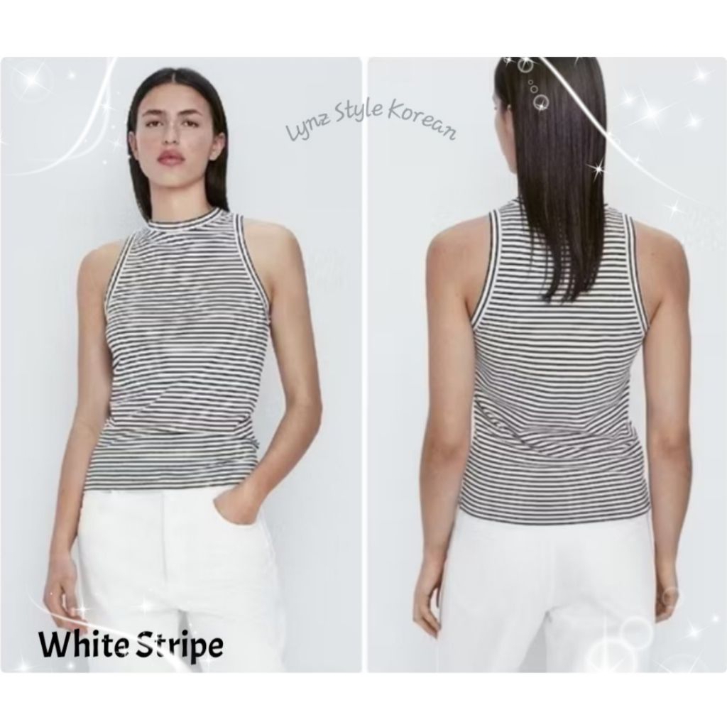 Blouse Atasan Baju Wanita Tank Top Garis Hitam Putih Black White Style Korea Import