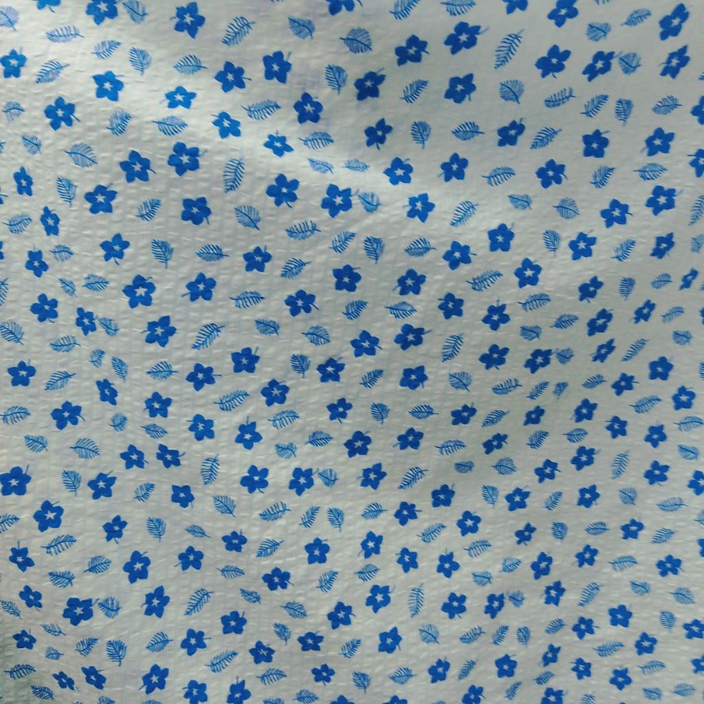 Kain Katun Crinkle Motif Bunga Daun Kecil Blue White Bahan Dress Blouse Premium Adem (Harga Kain Per