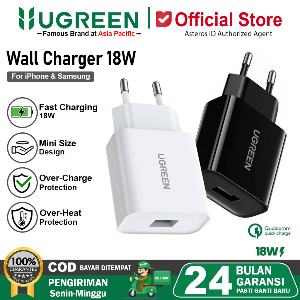 UGREEN Kepala Charger iPhone Android Fast Charging 18W USB QC 3.0