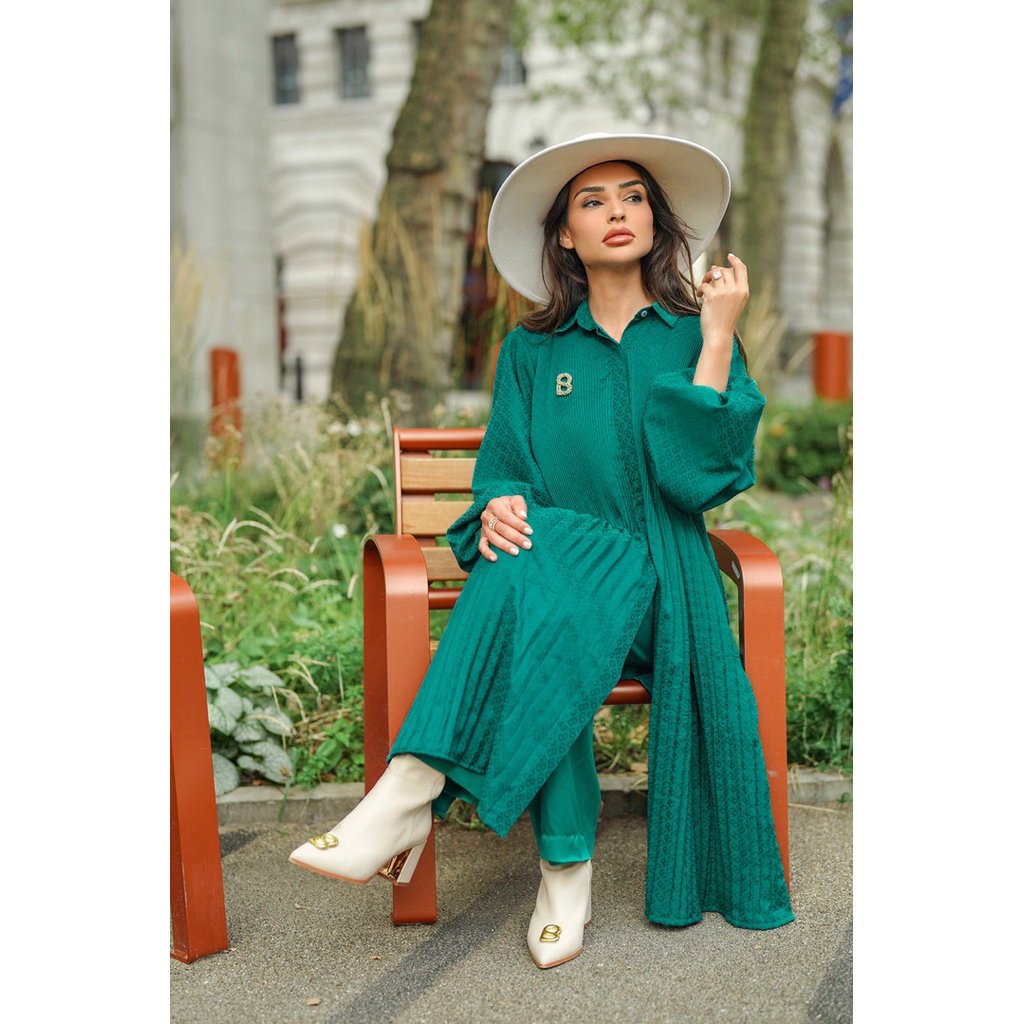 As Is Monogram Embossed Pleated Shirt Buttonscarves warna Green size XL