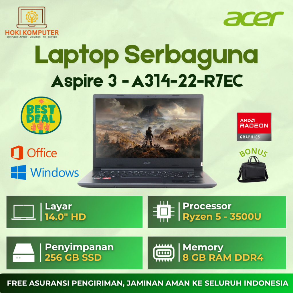 Laptop Acer Aspire 3 A314 - R7EC Ryzen 5 3500U Ram 8Gb Ssd 256Gb 14" - Laptop Acer Ryzen 5